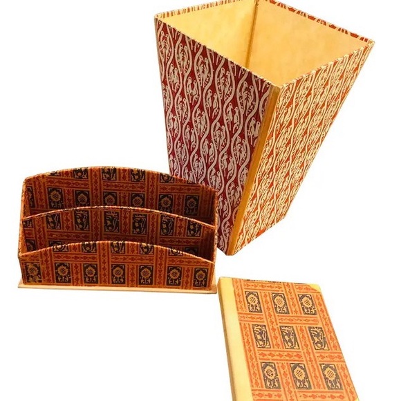 Handmade Italian paper desktop accessories medieval graphic pattern red cream